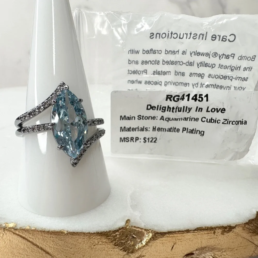 Bomb Party Delightfully In Love March Aquamarine Hematite Ring RG41451 NWT Sz 10